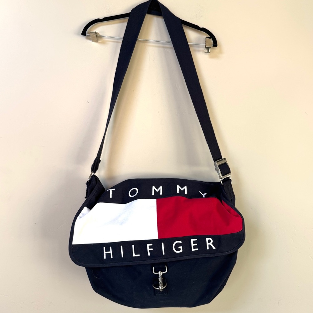 Vintage 90s Tommy Hilfiger Messenger Bag Spell Out Flag Color Block CrossBody
